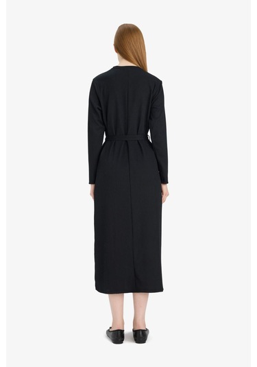 Defacto Regular Fit Bisiklet Yaka Bağlamalı Uzun Kollu Maxi Elbise D9063ax25spbk81 Siyah