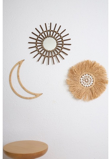 3'lü Set Rafya Deniz Kabuklu Model & Kahverengi Rattan Çubuk Ayna & Rafya Ay M073