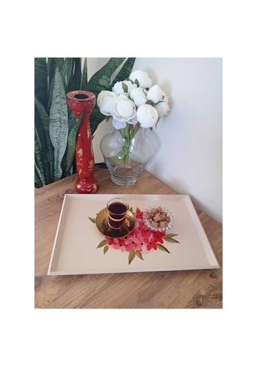 El Boyaması Küçük Boy Ahşap Tepsi Pudra Pembe