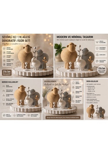 Sevimli Koyun Ailesi Dekoratif Figür Seti 3 Lü 20/17/10 Cm 3d Baskı Pla Modern Minimal Ev Dekoru 3lü Set