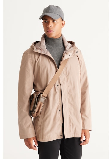 AC&Co / Altınyıldız Classics Erkek Vızon Standart Fit Normal Kesim Kapüşonlu Dik Yaka Trençkot Vizon