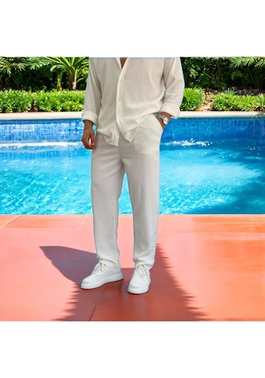 Erkek Bürümcük Krinkıl Kumaş Yazlık Likralı Apaj Yakalı Gömlek Ve Eşofman Takım Kombini Beyaz