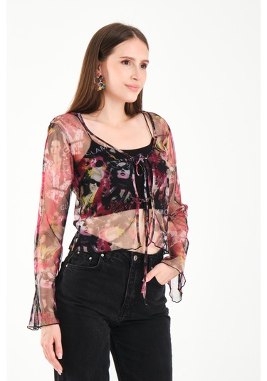 Önü Bağcıklı Tül Bluz Pembe