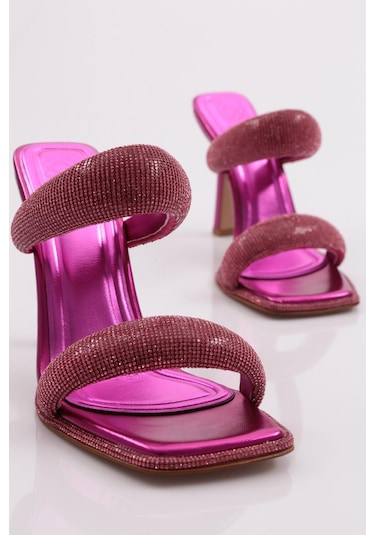 Dgn 2027 Kadin Kalin Silver Taş Bantli Topuklu Terlik 2027-2219-R13775 Fuşya