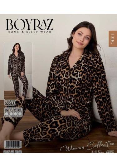 Leopar Desenli Süet Düğmeli Pijama Takımı Kahverengi