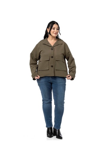 Büyük Beden Dik Yaka Kapaklı Torba Cepli Astarlı Kısa Haki Trençkot Haki