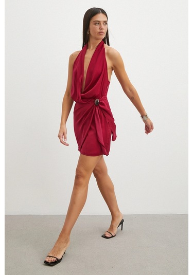 Uterpe Halter Yaka Derin V Dekolteli Mini Elbise Bordo