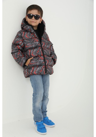 Erkek Çocuk Siyah Geometrik Desen İçi Polar Su Ve Rüzgar Geçirmez Kapüşonlu Cepli Şişme Kışlık Mont Siyah