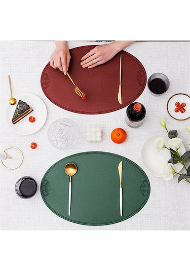 Retro Pu Placemat Avrupa Fransız Tarzı Oval Yalıtım Matı Ev F Yeşil