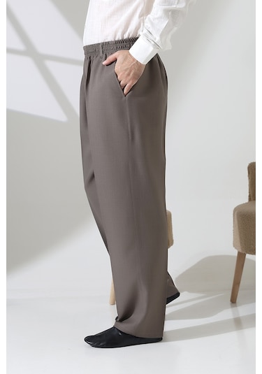 Erkek Beli Lastikli Cepli Hac Umre Kumaş Şalvar Pantolon - Toprak Isr Vizon