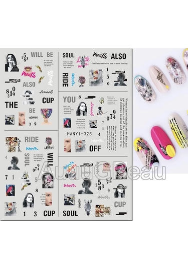 3d Nail Art Kaydırıcılar Çıkartmalar Geometrik Çizgiler İngilizce Kelimeler Siyah Harfler Mermer Çıkartmaları Tırnak Dekorasyon Manikür Için Sky Blue Chına