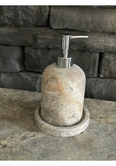 Yeni Silver Traverten Doğal Taş Tepsili Sıvı Sabunluk Seti Beyaz