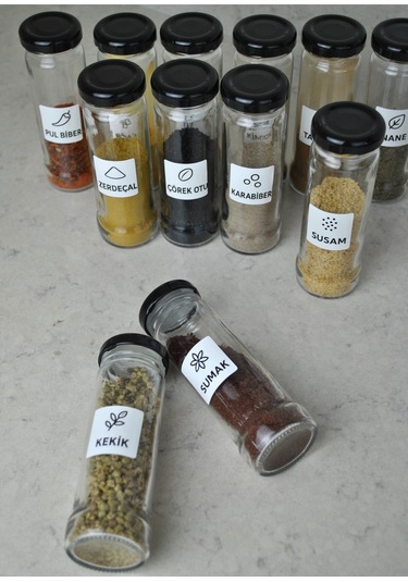 12 Adet 105 Cc Cam Baharatlık Seti 105 Ml Sızdırmaz Kapaklı Yuvarlak Baharatlık / 16'lı Etiket Şeffaf-siyah