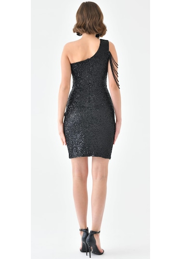 Hanife Glam Couture Hanife Glam Tek Omuz Taş Tasarımlı Mini Pulpayet Elbise Siyah