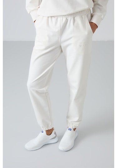 Tommy Life Ekru Basic Pamuklu O Yaka Oversize Lastik Paça Kadın Eşofman Takım - 95287 Ekru