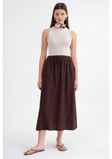 4633 Kadın Yandan Cepli Parçalı Etek Kahve Kahve