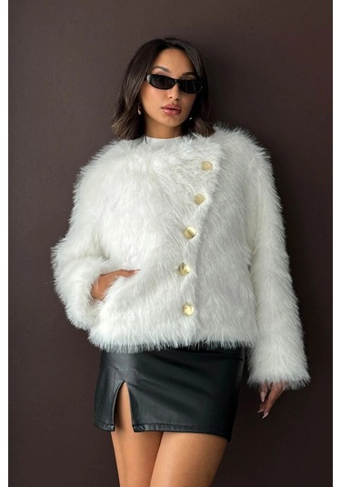 Kadın Vintage Peluş Tüylü Crop Ceket Altın Düğmeli Bisiklet Yaka Kışlık Şık Ceket Krem