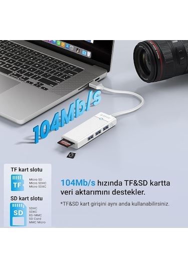 Orico Type-C To 3.0 TF SD 3 Port USB 3.0 Çoklayıcı Adaptör Beyaz