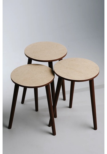 Madrid 3'lü Zigon Sehpa %100 Mdf Yuvarlak Traverten