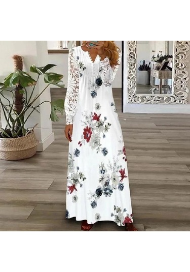 Zarif Kanca Çiçek Hollow Dantel Elbise Kadın İlkbahar Yaz Moda Dantel-up Uzun Elbise Kadın Rahat Uzun Kollu Beyaz Elbiseler 24816 Wow
