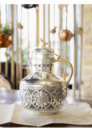 Bakır Sürahi İşlemeli Osmanlı Model Gümüş Renk