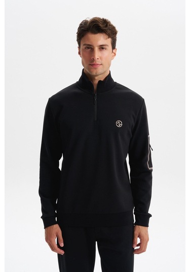 Arma Erkek Slim Fit Dik Yaka Yarım Fermuar Pamuklu Sweatshirt Sol Kol Fermuar Cepli K30404685702 Siyah