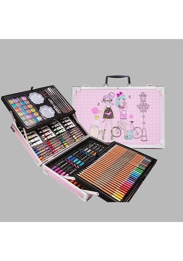 Ikkb Yeni Sanat Kırtasiye Malzemeleri Grafiti Çocuk Suluboya Kalem Seti Pembe Bisiklet Kız Desen 145 Parça Set