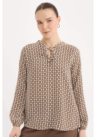 DeFacto Regular Fit Bağcıklı Yaka Desenli Uzun Kollu Bluz N1809AZ25SPER105
