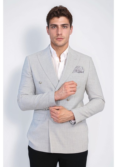 Desenli Kruvaze Tek Ceket Gri