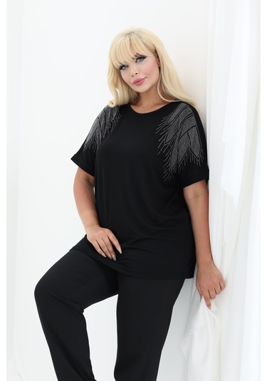 Bambu Bluz Yarasa Kol Taş Detaylı M-6xl Siyah