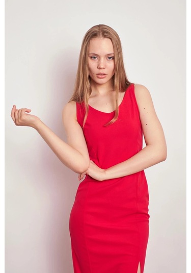 Likralı Krep Kumaş Ön Arka V Yaka Kolsuz Önden Yırtmaçlı Diz Altı Elbise-fujya Fujya