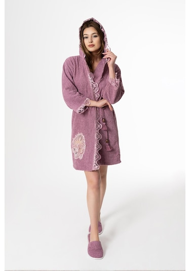 Kelebek Gelin Bornoz Set 5 Parça Dantelli Fantezi Çeyizlik Takım Mor