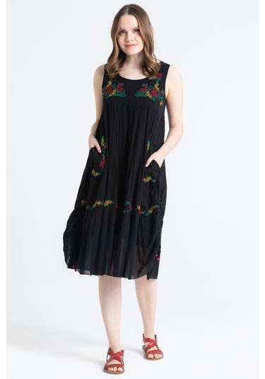 Kolsuz Vual Ahsen Nakışlı Midi Boy Elbise Siyah Syh-siyah