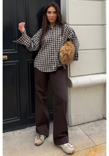Madmext Camel Oversize Kareli Kadın Gömlek Mg2822