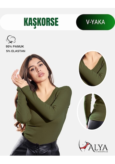 Pamuklu Kaşkorse V Yaka Body Sweatshirt, Fitilli Kumaş Likralı Bluz, Asker Yeşili Badi Asker Yeşili