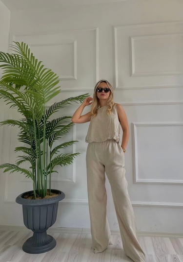 Kadın Eteği Balon Dar Kemerli Keten İkili Takım Bej