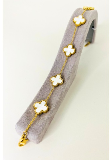 Gold Renkli Mineli Beyaz Yonca Bileklik Altın