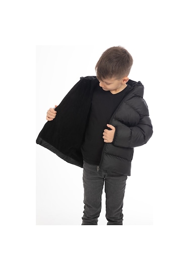 Erkek Çocuk Siyah Içi Polarlı Kapüşonlu Su Geçirmez Rüzgara Dayanıklı Şişme Kışlık Mont Siyah