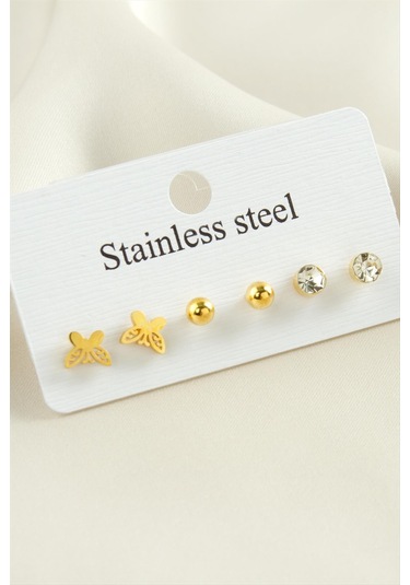 6 Adet Kelebek Taşlı Çelik Küpe 0406 Altın