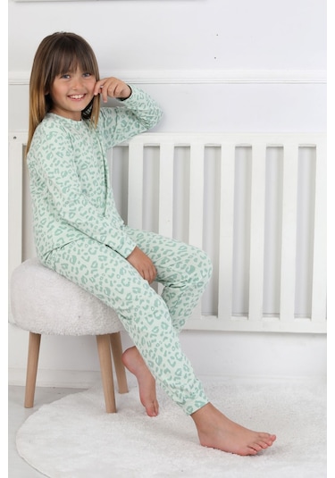 Minik Uyku Avcısı - Vahşi Rahatlık Serisi Leopar Desenli Kız Çocuk Pijama Takımı Mint