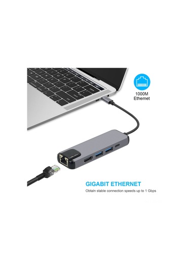 Reedark Gri Usb-c 5-in-1 Hub: Hdmı 3.0, Gigabit Ethernet Ve Usb Çevirici - Dizüstü Bilgisayar Genişletici
