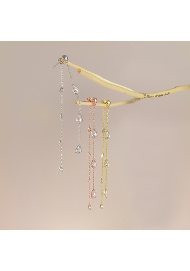 Queen Silver Jewelry 925 Ayar Gümüş. Damla Ve Yuvarlak Zirkon Taş Sallantılı Küpe Altın