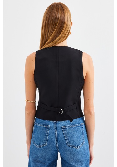 6796 Kısa Dokuma Yelek - Siyah