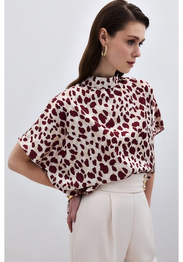Sateen Yarasa Kol Salaş Bluz - Bej-bordo-135944 Bej-bordo