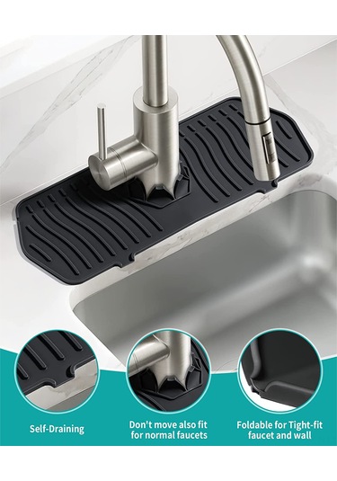 Yaleker Siyah Silikon Lavabo Su Dışarı Akma Engel Matı - Lavabo Ve Mutfak Tezgahını Kuru Tutar, Su Toplayıcı Ve Akıtıcı Özellikli Siyah