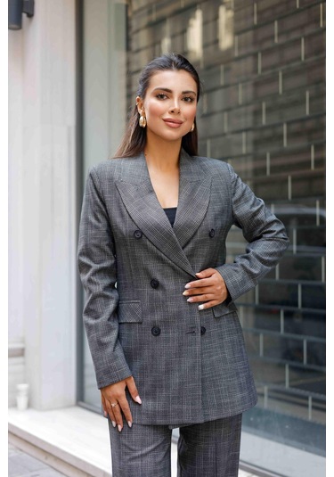 6 Düğmeli Kruvaze Ekose Takım Gri Gri