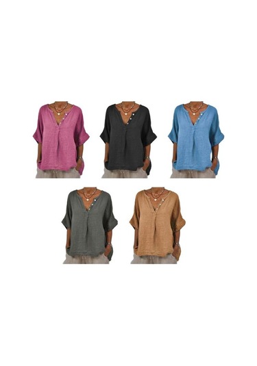 Pamuk Keten Kadın Gömlek V Yaka Düğmeli Yarım Patlet Yarım Kol Nefes Alabilir Bol Kamel