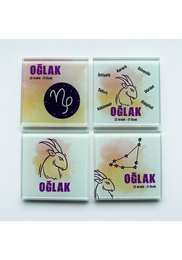 Decorita Cam Bardak Altlığı Burçlar - Oğlak Burcu 4'lü Takım Çok Renkli