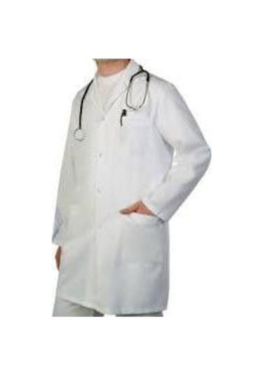 Klasik Yaka Alpaka Kumaş Cepli Uzun Kollu Kadın İş Önlüğü Beyaz