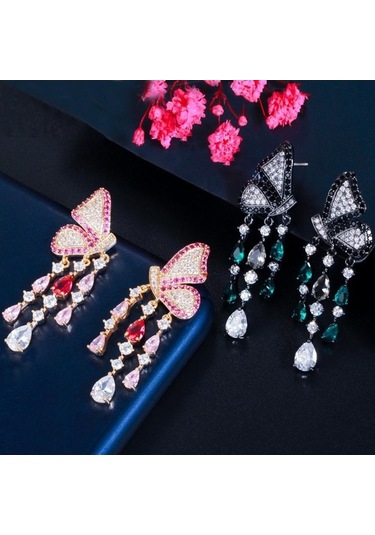 Novahub Sarı Altın Kelebek Küpe, Damla Püskül, Siyah Altın Renk, Kadın, 4.7 Cm Çok Renkli